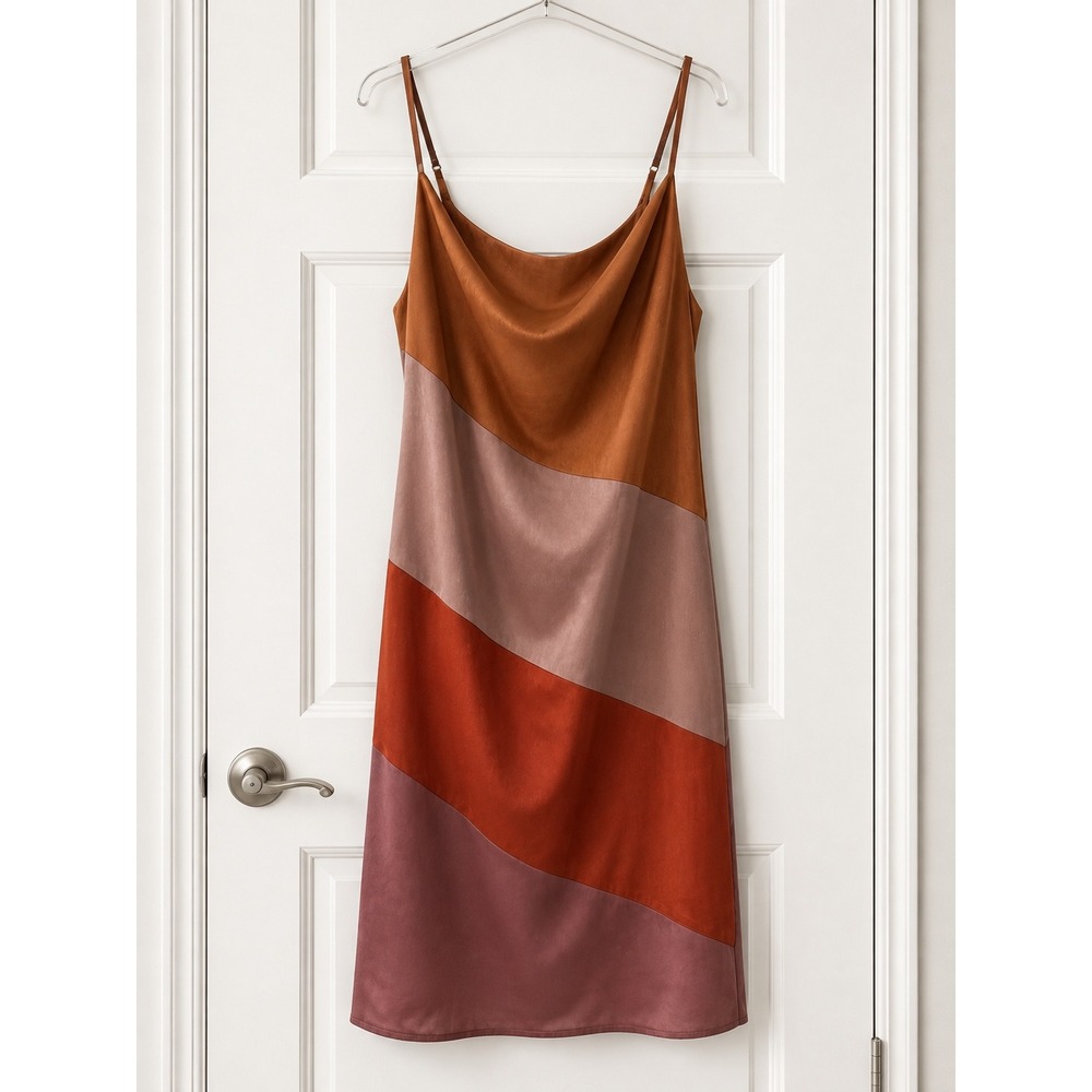 Mystree Women Colorblock Satin Cowl Neck Slip Dress Rust Copper Mauve L